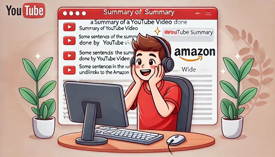 A happy man on his PC, happy to find Amazon links in a YouTube summary.