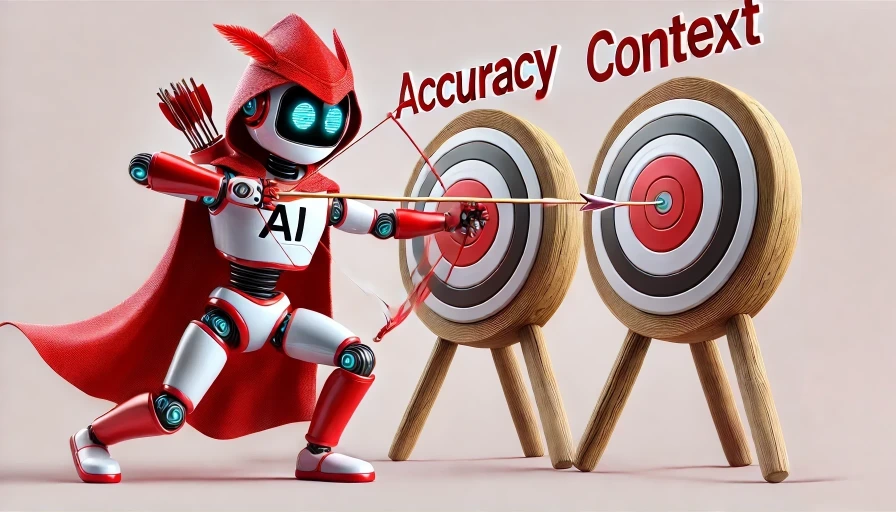 An AI robot trying to shoot at point blank two targets with the words accuracy and context on them.