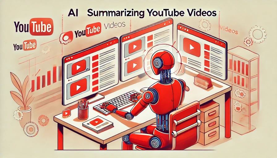 An AI robot in front of a PC, focused on summarizing YouTube videos.