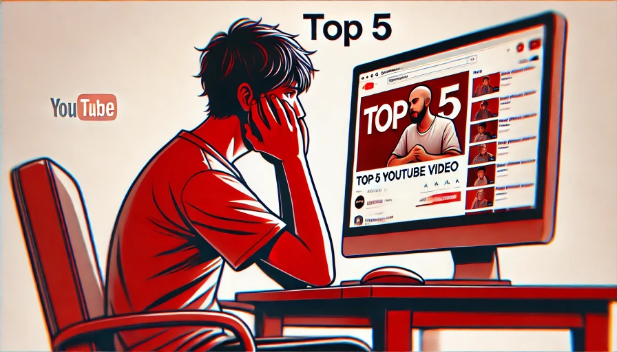 A sad man watching a top 5 video on YouTube.