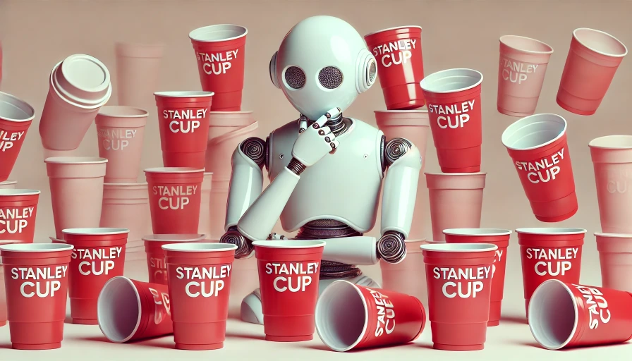 An AI is trying to decide which Stanley Cup to buy, but these cups are just simple plastic ones.